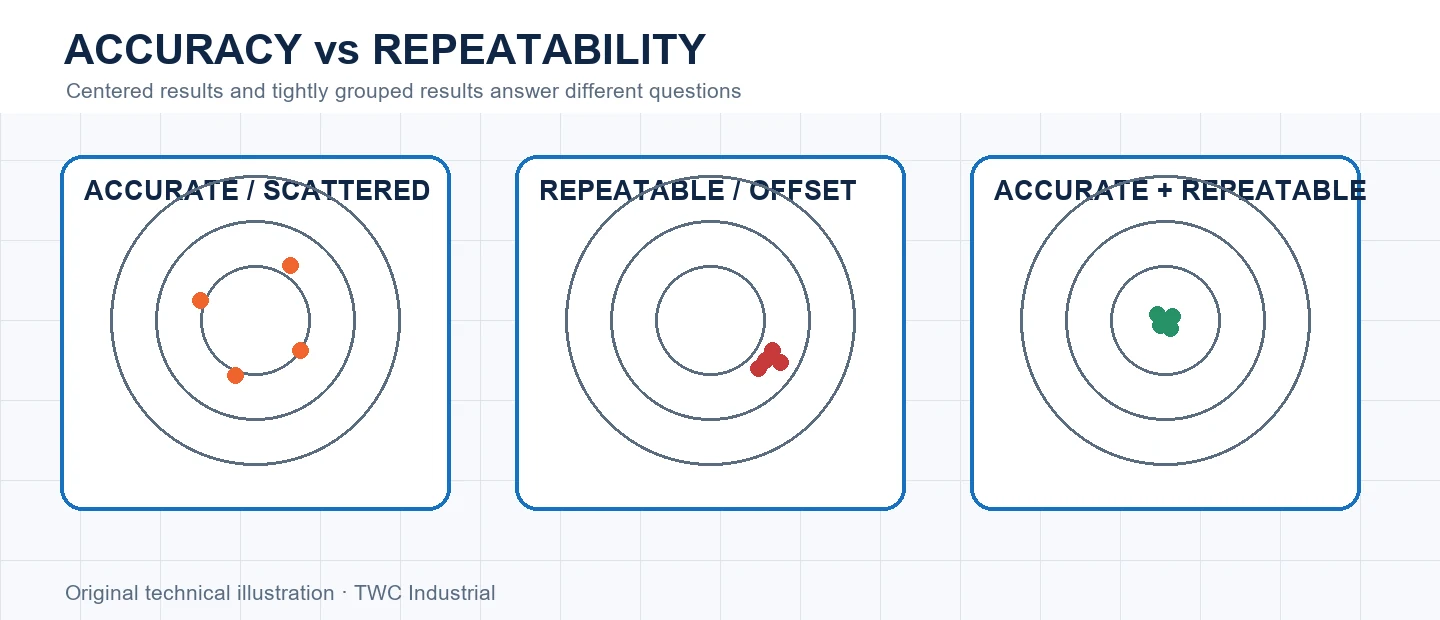 Three targets comparing accuracy, repeatability and both together