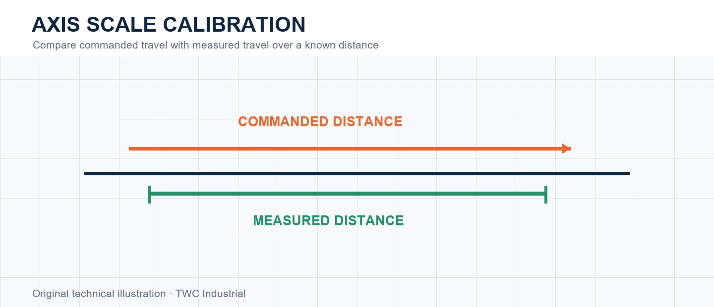Commanded axis distance compared with measured distance