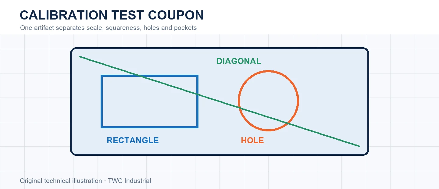 Calibration coupon containing rectangle, hole and diagonal features