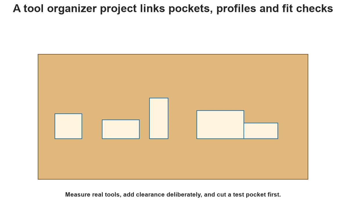 Pocket layout for several tools in a wooden organizer