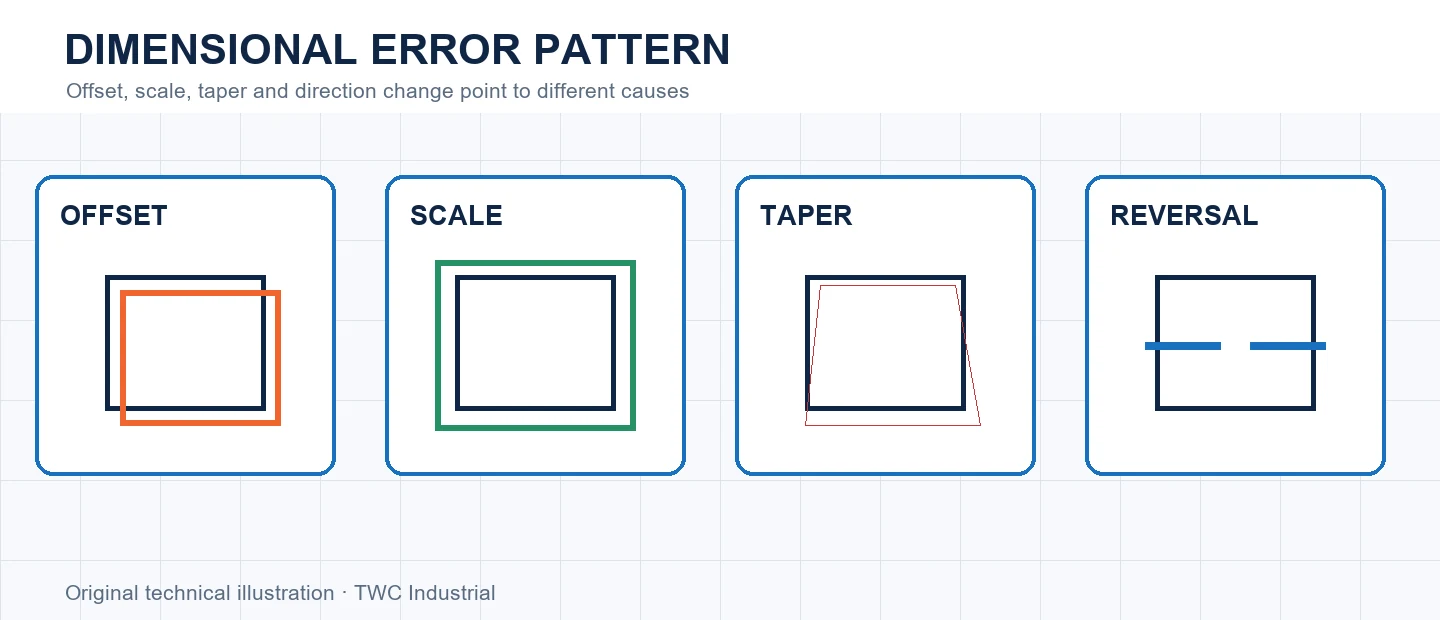 Four dimensional error patterns labeled offset, scale, taper and reversal