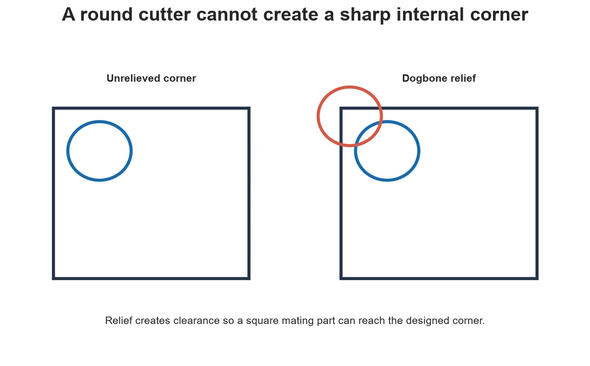 Square mating corner compared with a dogbone-relieved internal corner