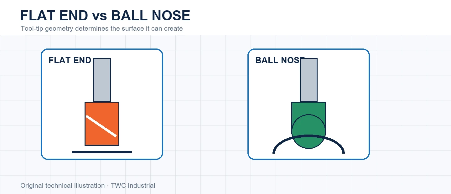 Flat end and ball nose cutters producing different floor shapes