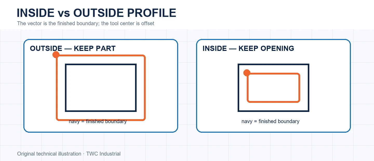 Tool centers offset inside and outside a finished boundary