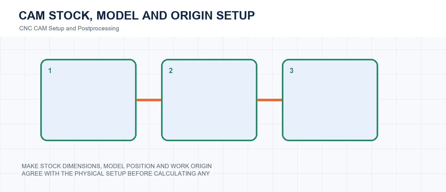 CAM Stock, Model and Origin Setup technical decision diagram