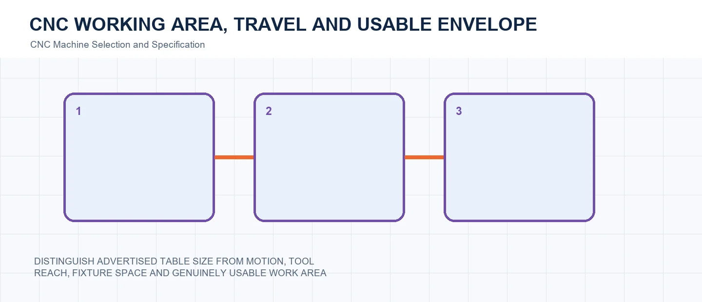 CNC Working Area, Travel and Usable Envelope technical decision diagram