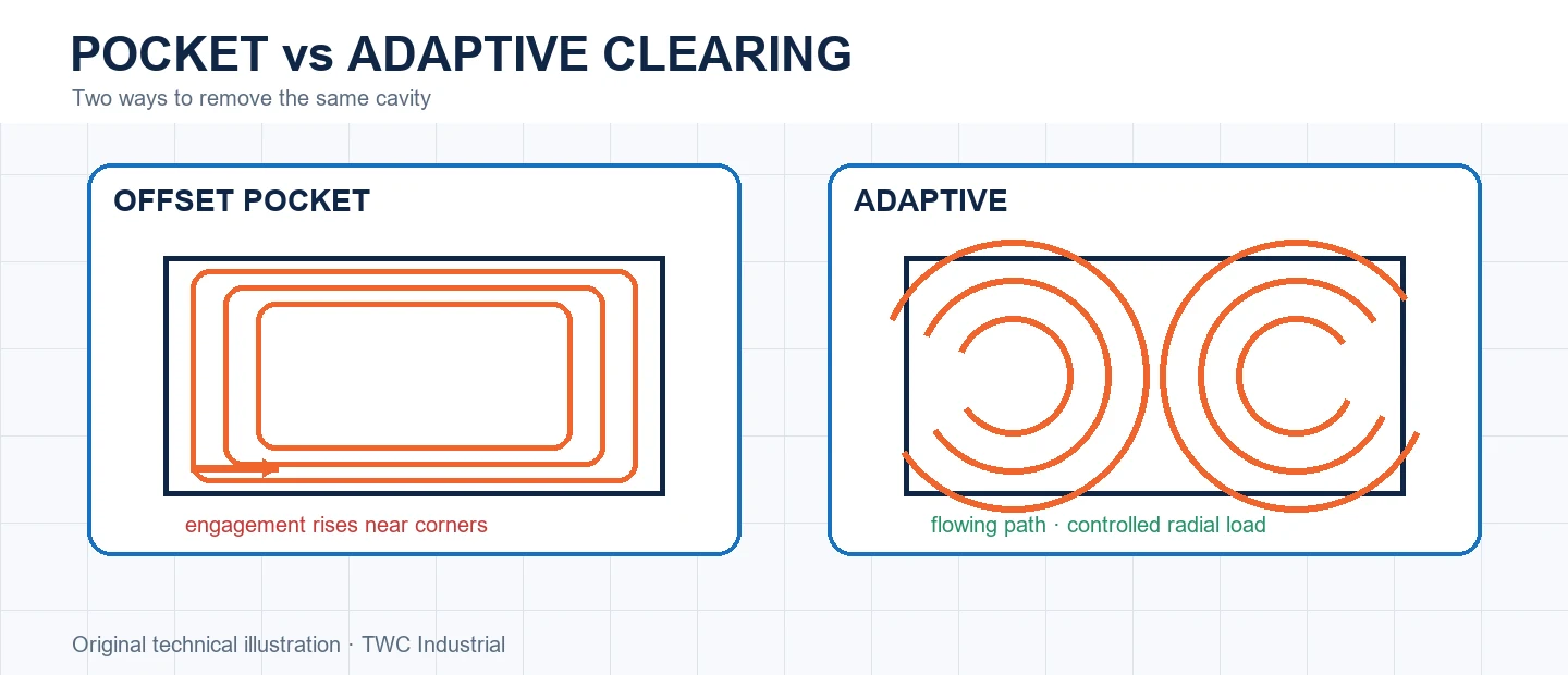 Pocket offsets compared with a flowing adaptive clearing path