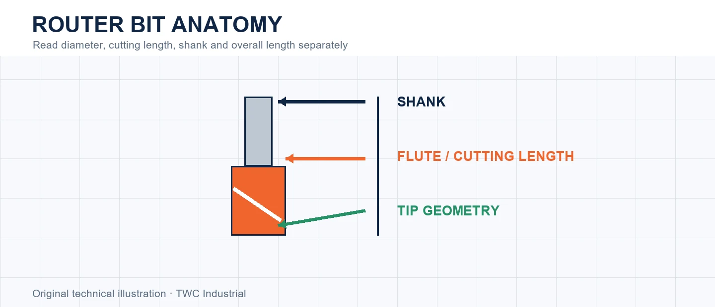 Labeled router bit showing shank, flute, cutting length and tip