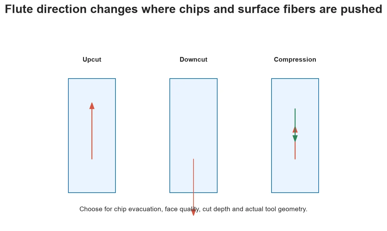 Upward and downward chip-flow arrows for three router-bit types