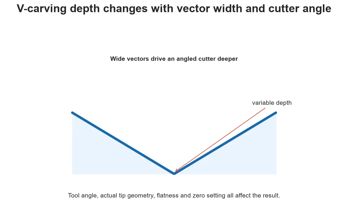 V-shaped groove becoming deeper as vector width increases