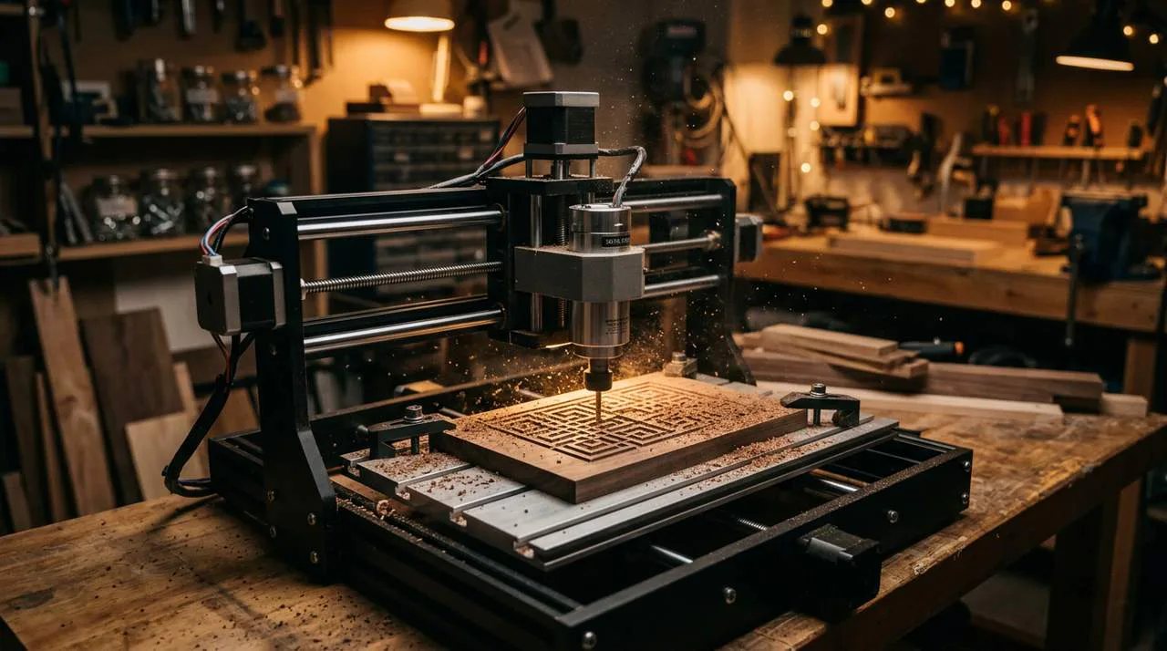 Modern desktop CNC router cutting wood in a workshop