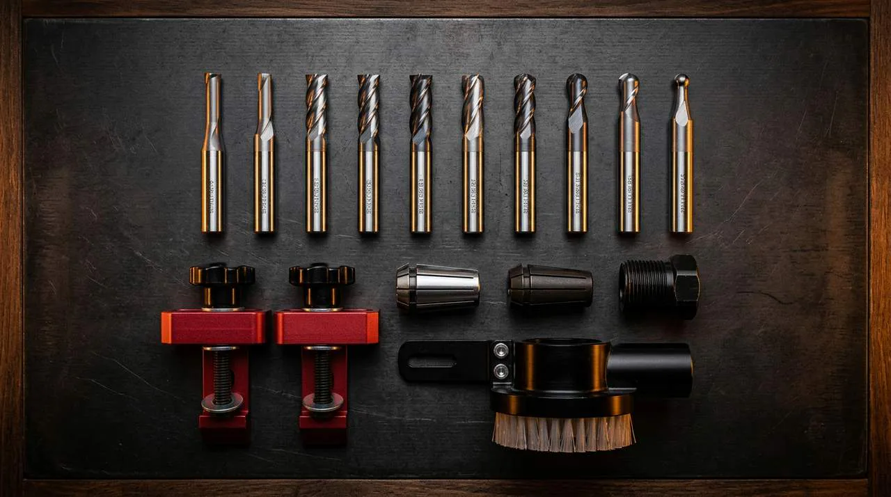 Flat-lay of CNC accessories: end mills, collets, clamps