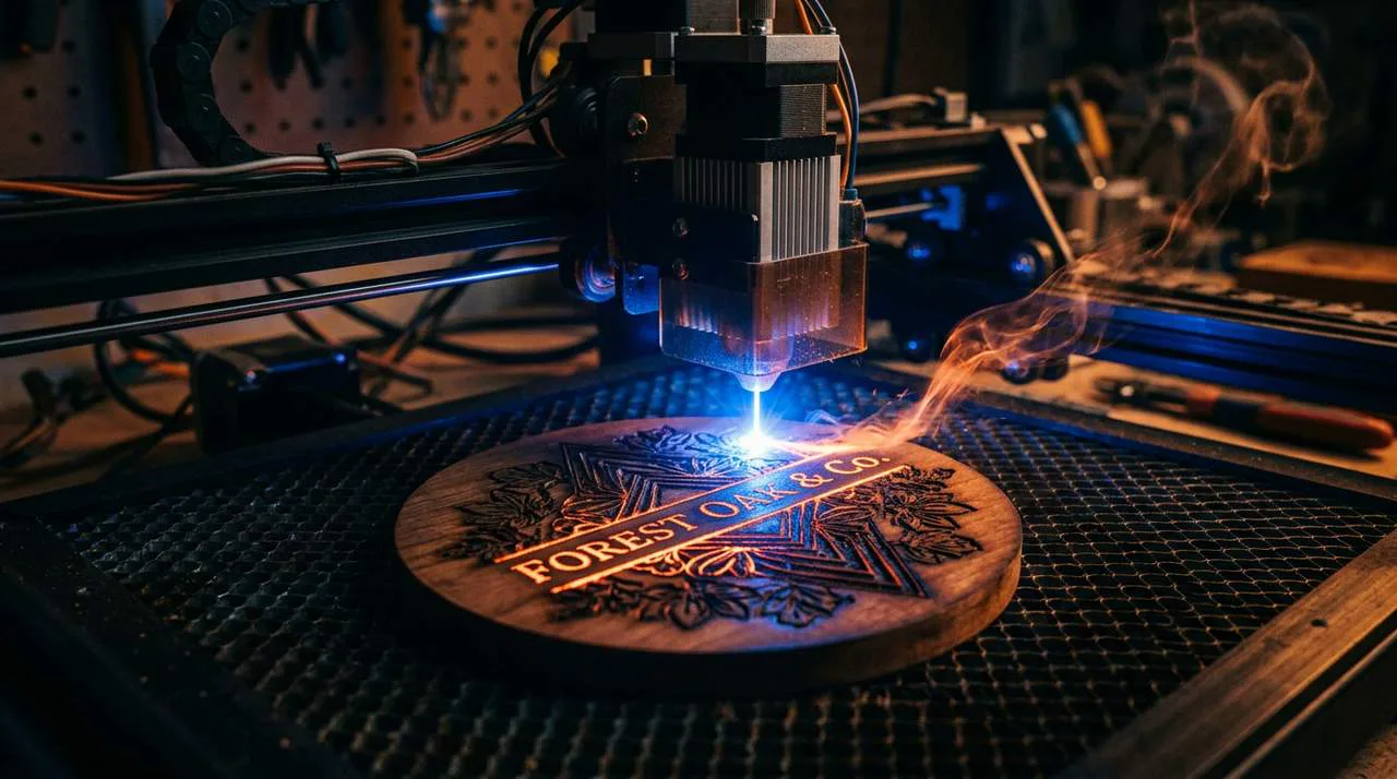 Blue diode laser engraving a wooden coaster
