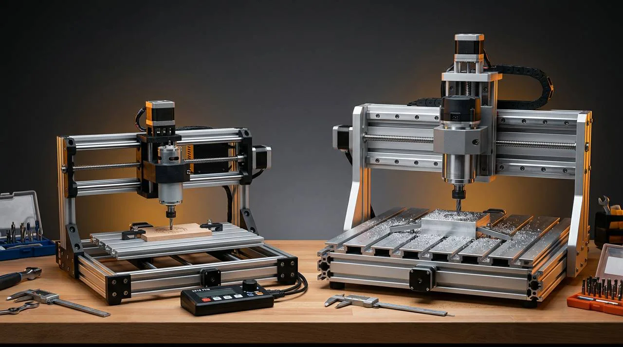 Two CNC routers compared side by side in a workshop