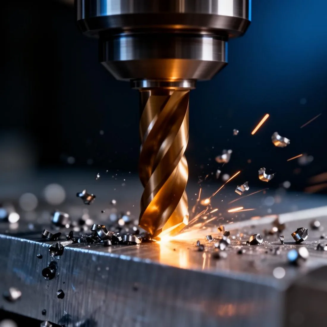 Macro close-up of a CNC end mill cutting into metal with sparks and chips