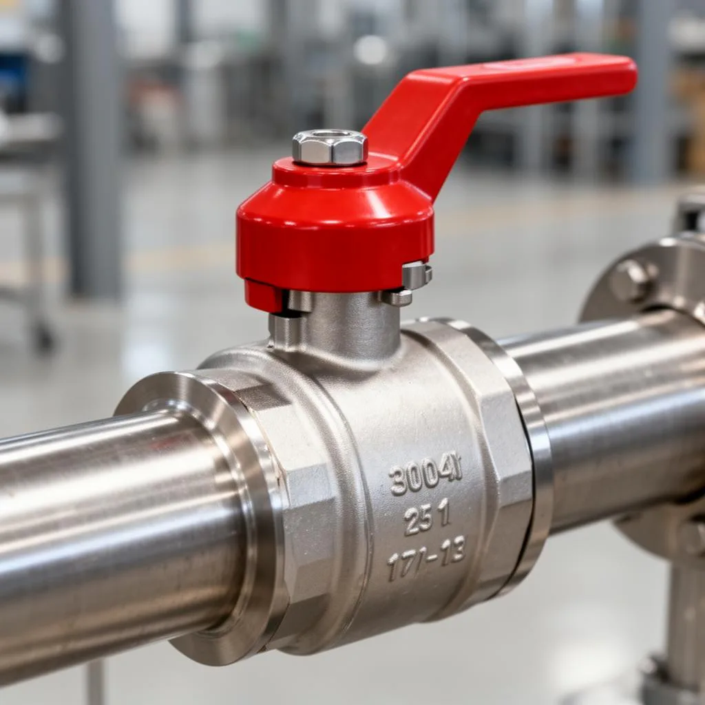 Stainless steel industrial ball valve with red lever handle installed on a clean factory pipe