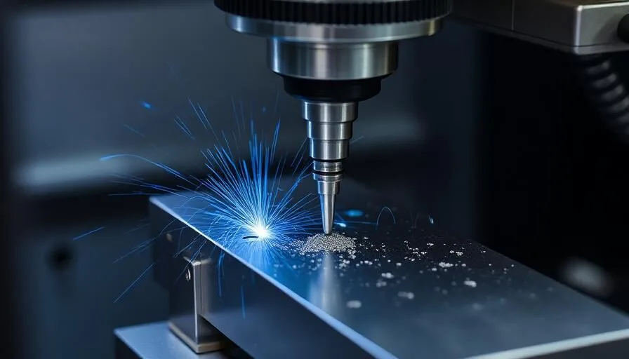 CNC milling machine cutting a steel part with coolant and metal chips