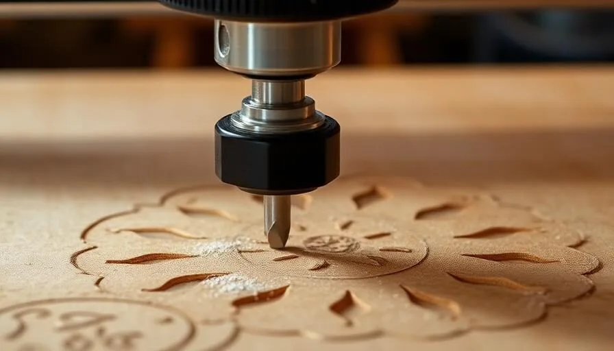 CNC router spindle cutting a decorative pattern in hardwood