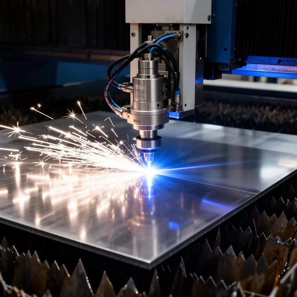 Fiber laser cutting head cutting through stainless steel plate with sparks