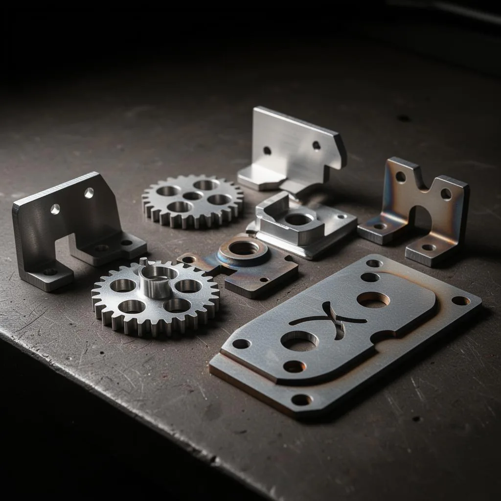 Precision laser-cut stainless steel parts with clean edges arranged on a workbench