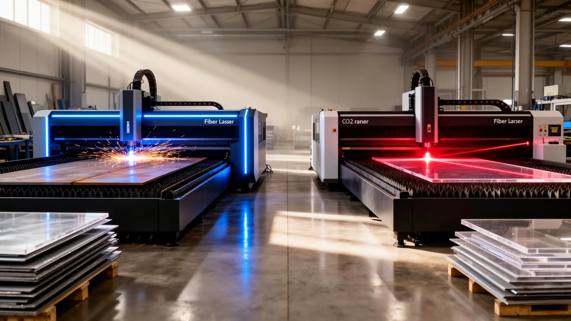 Fiber laser and CO2 laser cutting machines side by side in a modern fabrication workshop