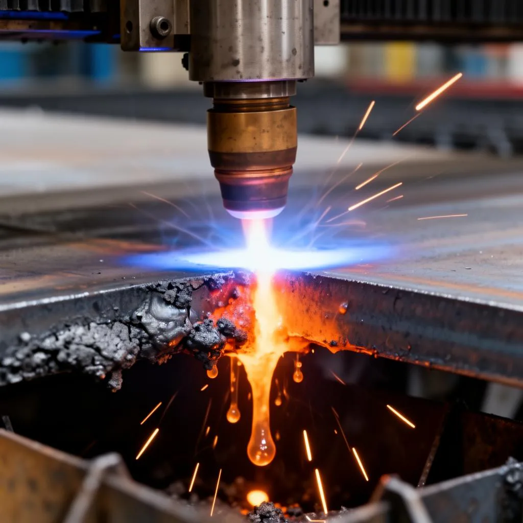Close-up of a CNC plasma cutting torch slicing through thick steel plate with intense blue arc and molten dross