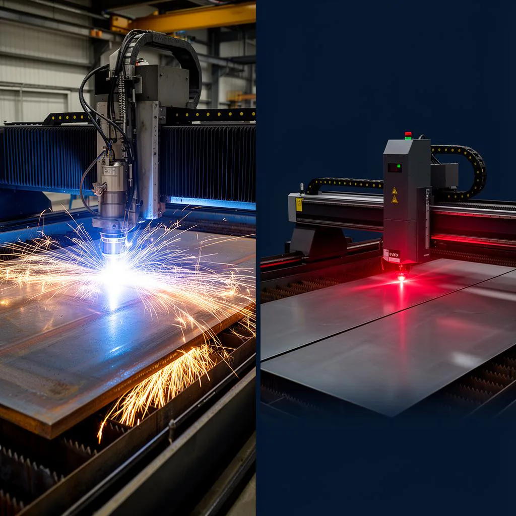CNC plasma table cutting thick steel plate next to a fiber laser cutter slicing thin sheet metal