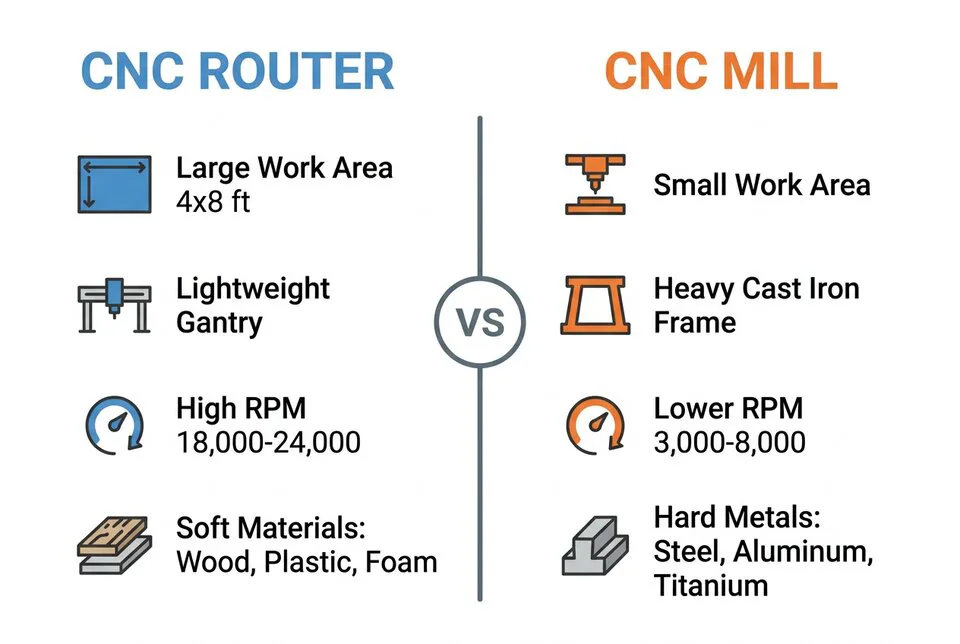 CNC router vs CNC mill comparison infographic showing work area, frame, RPM, and materials