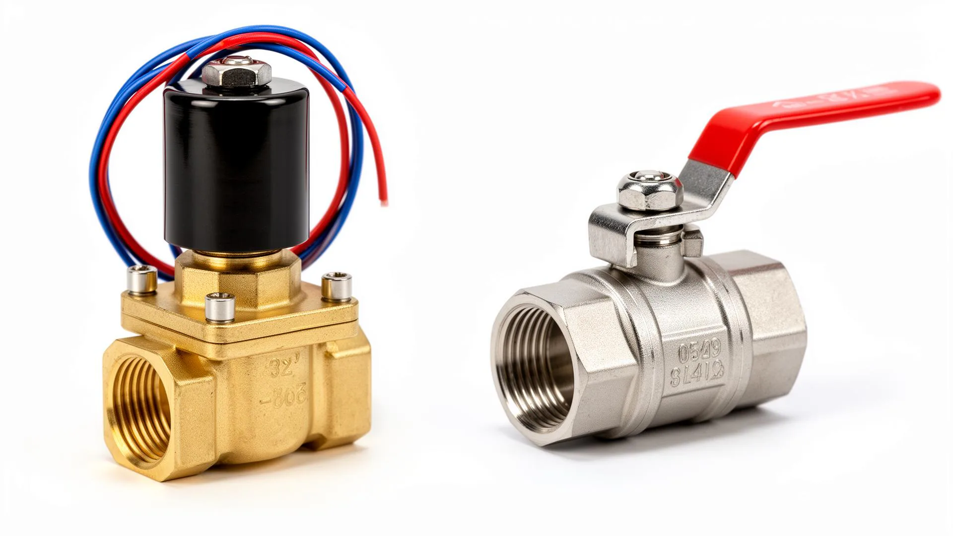 Side-by-side comparison of a brass solenoid valve and a stainless steel ball valve on a clean white background