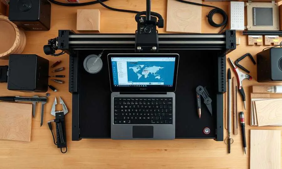Maker workspace flat lay with CNC router, laptop running CAD, calipers and tooling