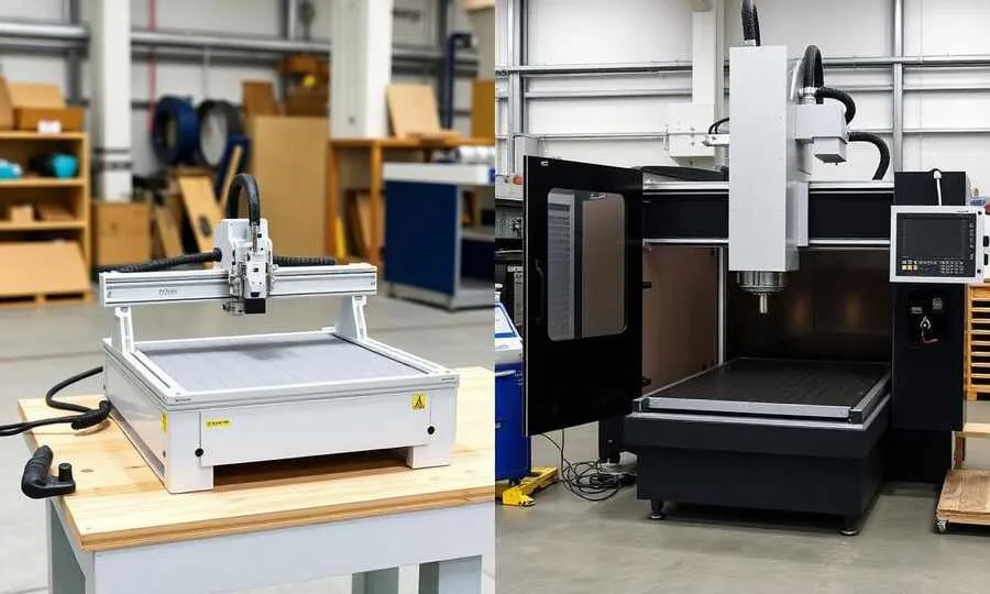 Side-by-side comparison of a desktop CNC router and an industrial CNC machine