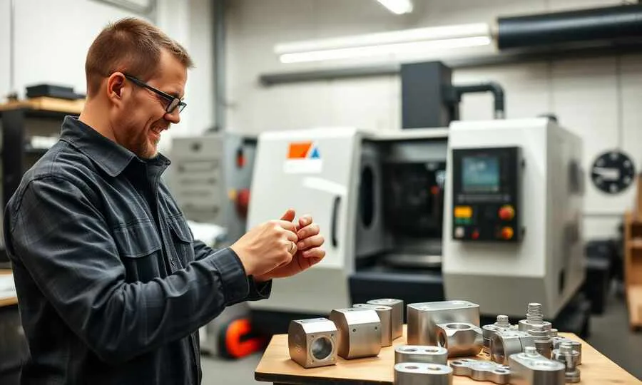 Small business owner inspecting machined aluminum parts in a workshop